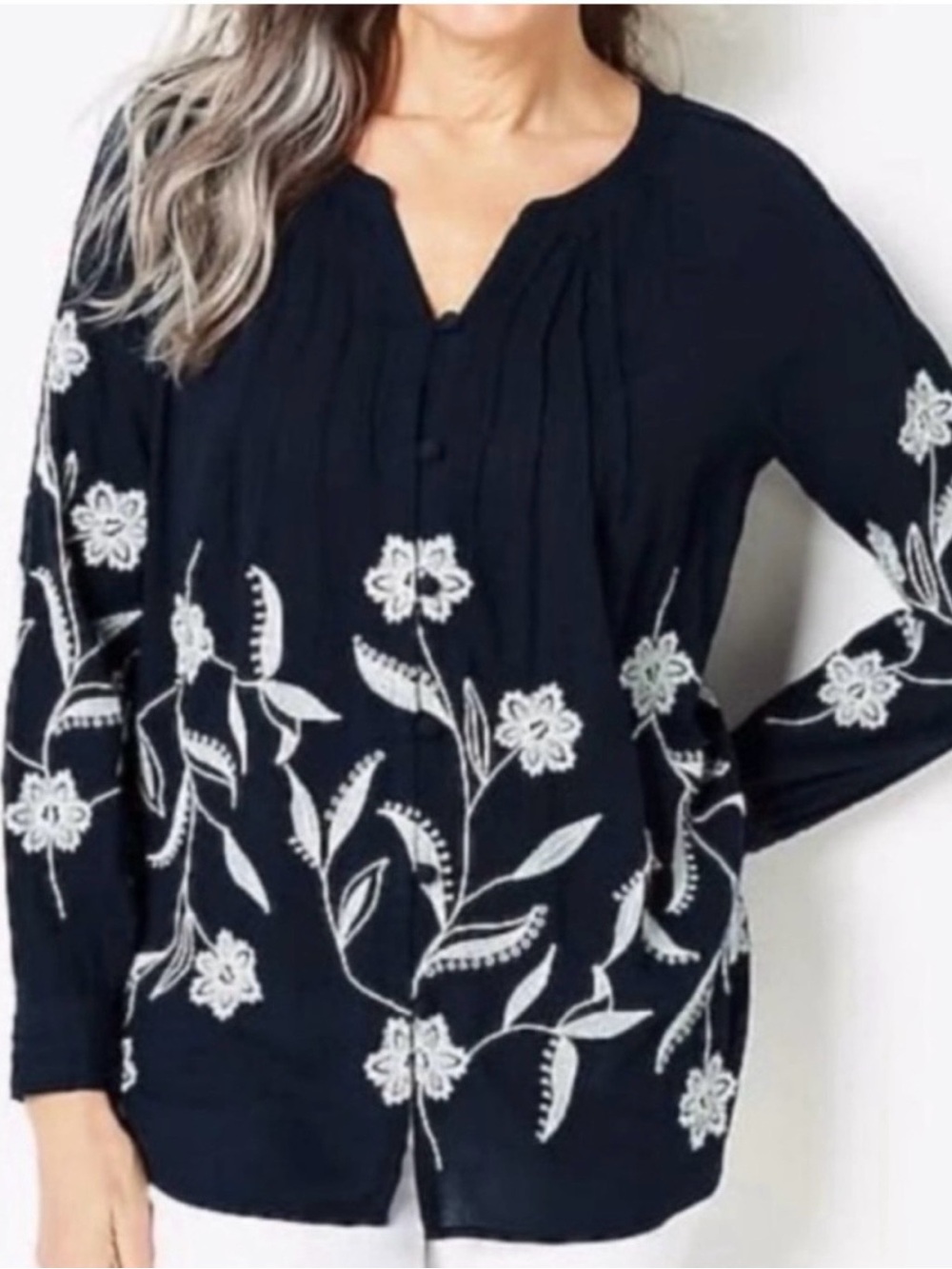 J. Jill Floral embroidered Long-Sleeve Top - navy and white - Picture 1 of 7